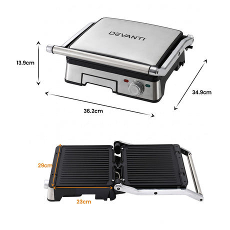 Panini press grill, 2000W, with a non-stick surface.