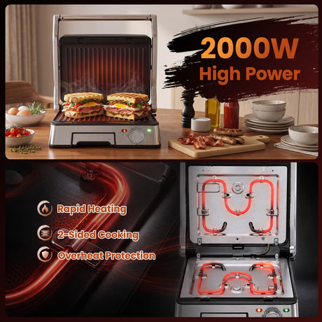 Panini press grill, 2000W, with a non-stick surface.