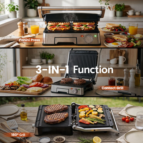 Panini press grill, 2000W, with a non-stick surface.