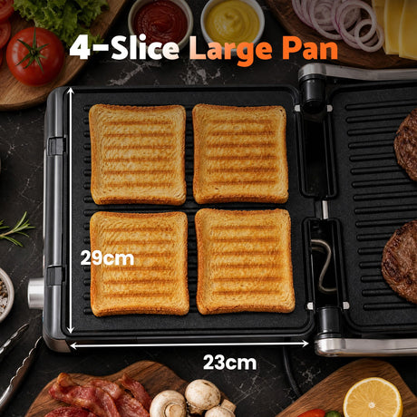 Panini press grill, 2000W, with a non-stick surface.