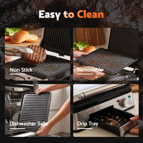 Panini press grill, 2000W, with a non-stick surface.