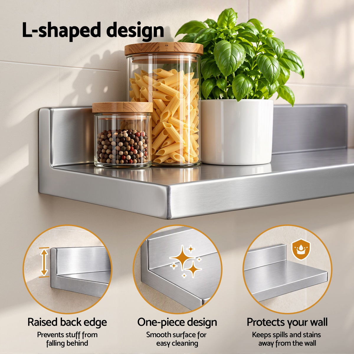 Cefito 610 x 220mm 430 Stainless Steel L-Shaped Kitchen Wall Shelf.