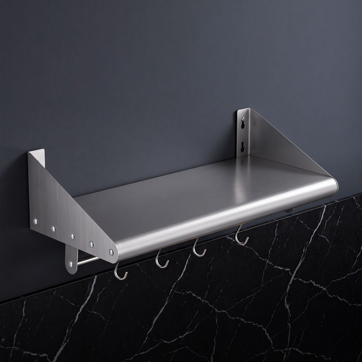 Cefito 610mm 430 Stainless Steel Wall Shelf with Hooks and Side Guards.
