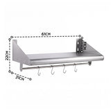 Cefito 610mm 430 Stainless Steel Wall Shelf with Hooks and Side Guards.