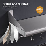 Cefito 610mm 430 Stainless Steel Wall Shelf with Hooks and Side Guards.