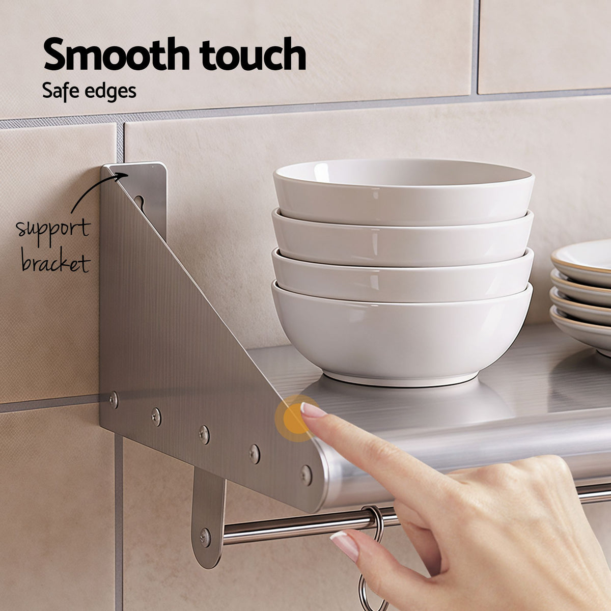Cefito 610mm 430 Stainless Steel Wall Shelf with Hooks and Side Guards.