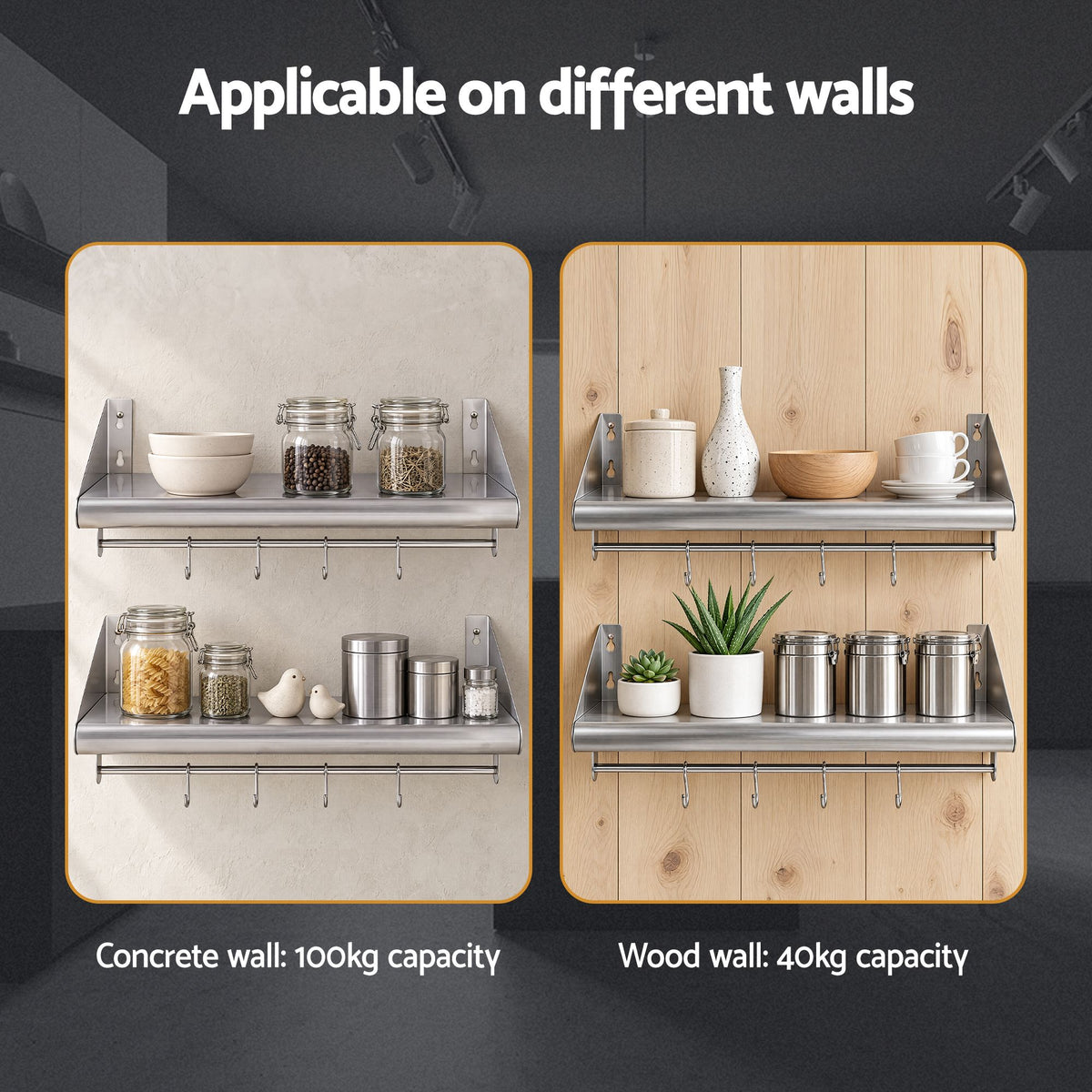 Cefito 610mm 430 Stainless Steel Wall Shelf with Hooks and Side Guards.