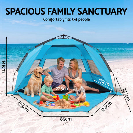 Blue automatic beach tent, supplied with a carry bag.