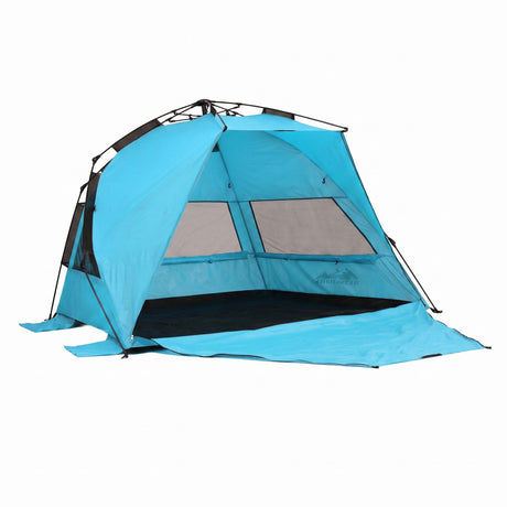 Blue automatic beach tent, supplied with a carry bag.
