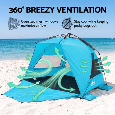 Blue automatic beach tent, supplied with a carry bag.