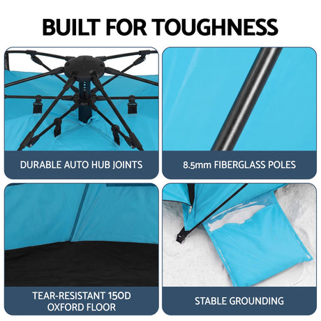 Blue automatic beach tent, supplied with a carry bag.