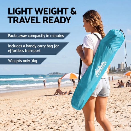 Blue automatic beach tent, supplied with a carry bag.
