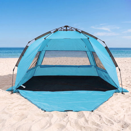 Blue automatic beach tent, supplied with a carry bag.