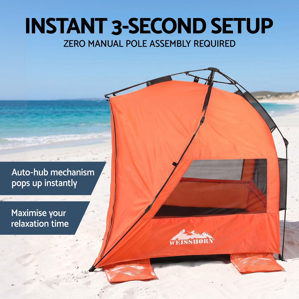 Weisshorn Beach Tent 3-4 Person Pop Up Sun Shade UPF 50 Automatic Outdoor Orange