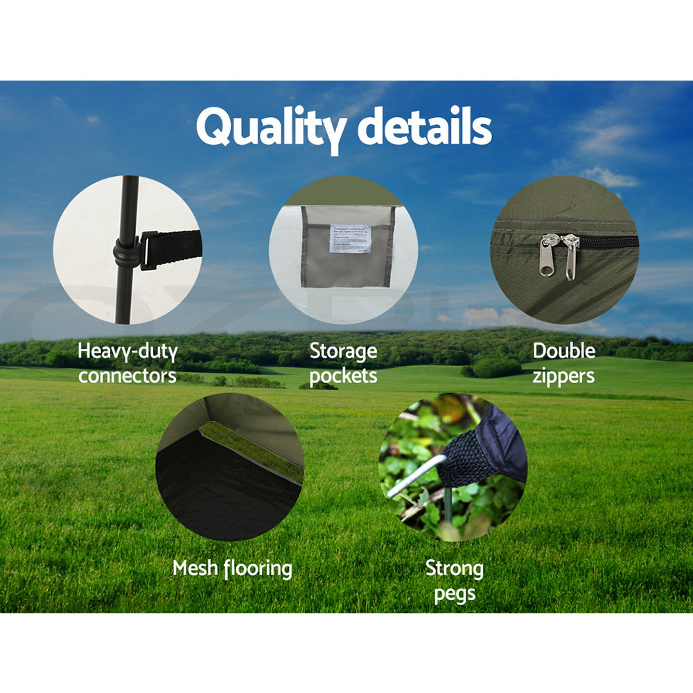 Portable shower toilet tent, supplied with a carry bag.