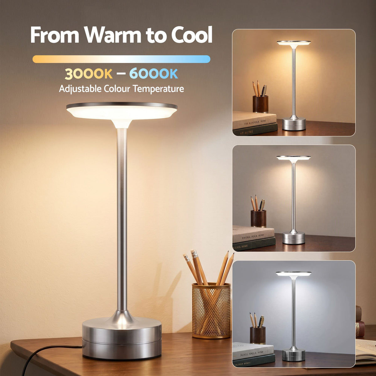 Artiss Silver Touch Table Lamp, Warm to Cool White LED, Dimmable 3000-6000K 24 LEDs, Type-C.