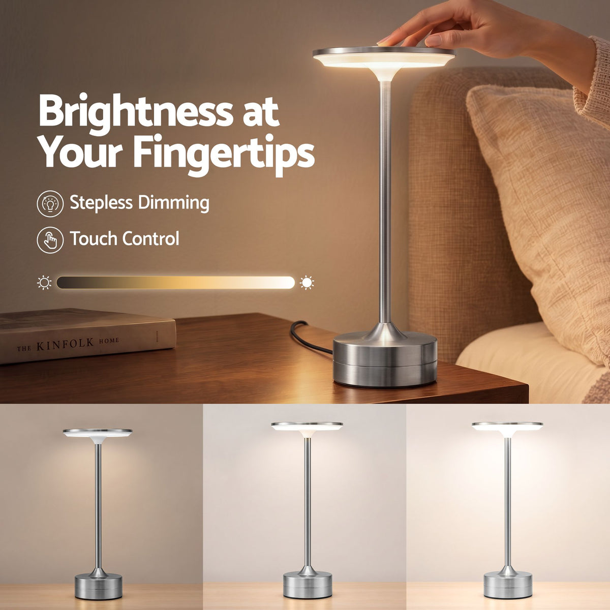 Artiss Silver Touch Table Lamp, Warm to Cool White LED, Dimmable 3000-6000K 24 LEDs, Type-C.