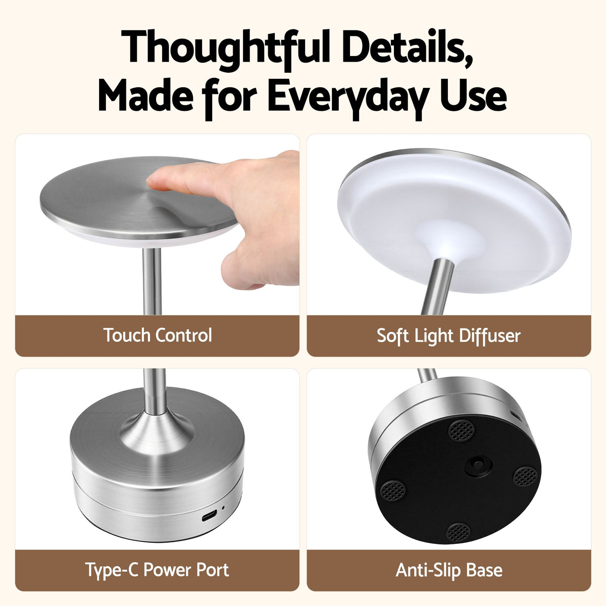 Artiss Silver Touch Table Lamp, Warm to Cool White LED, Dimmable 3000-6000K 24 LEDs, Type-C.