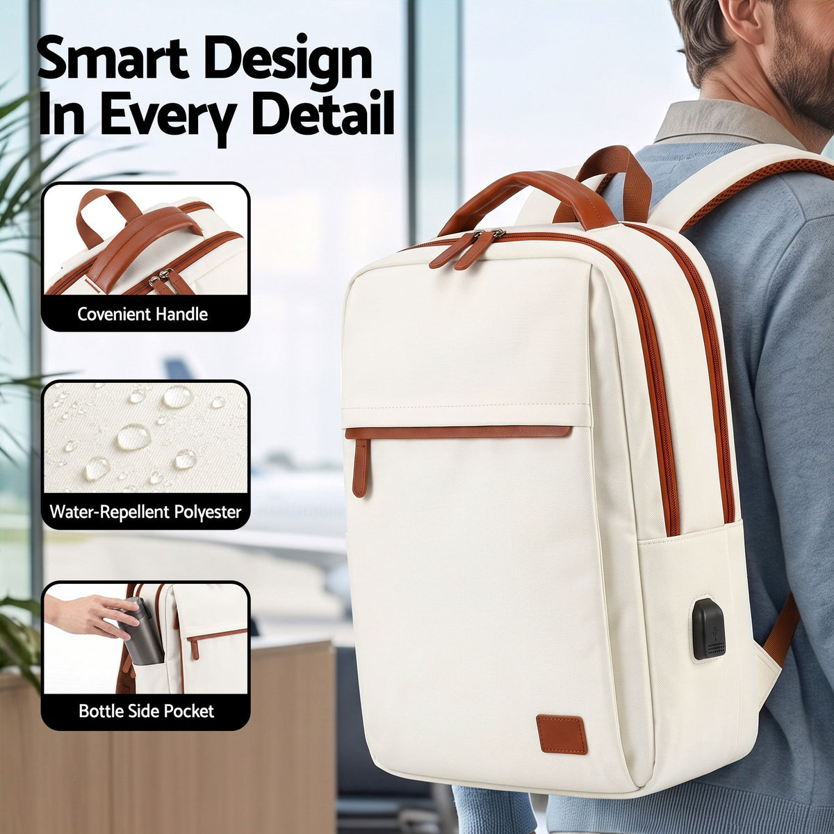 Wanderlite 20L Travel Laptop Backpack Carry On Work Bag with USB Port for Airlines Outdoor Business Beige.