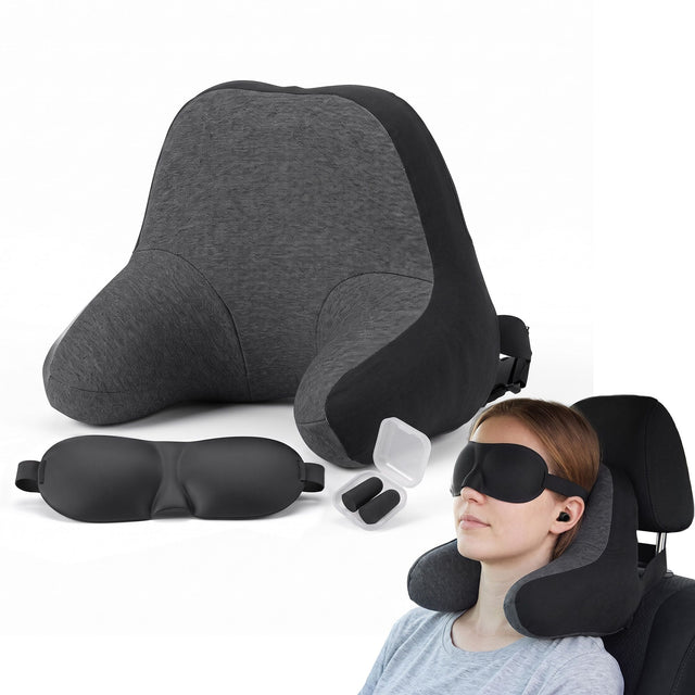 Wanderlite memory foam travel neck pillow with eye mask and earplugs in black