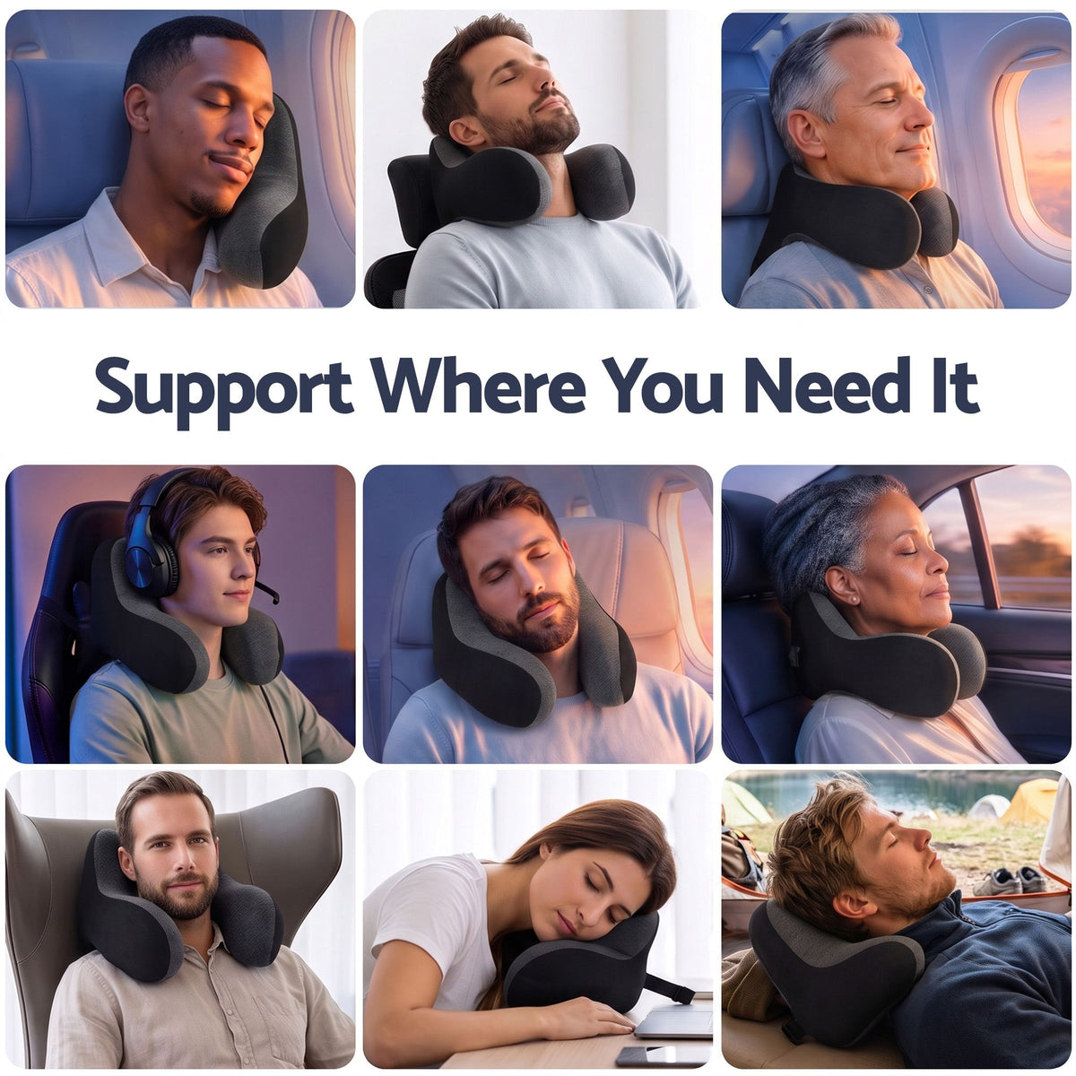Wanderlite memory foam travel neck pillow with eye mask and earplugs in black