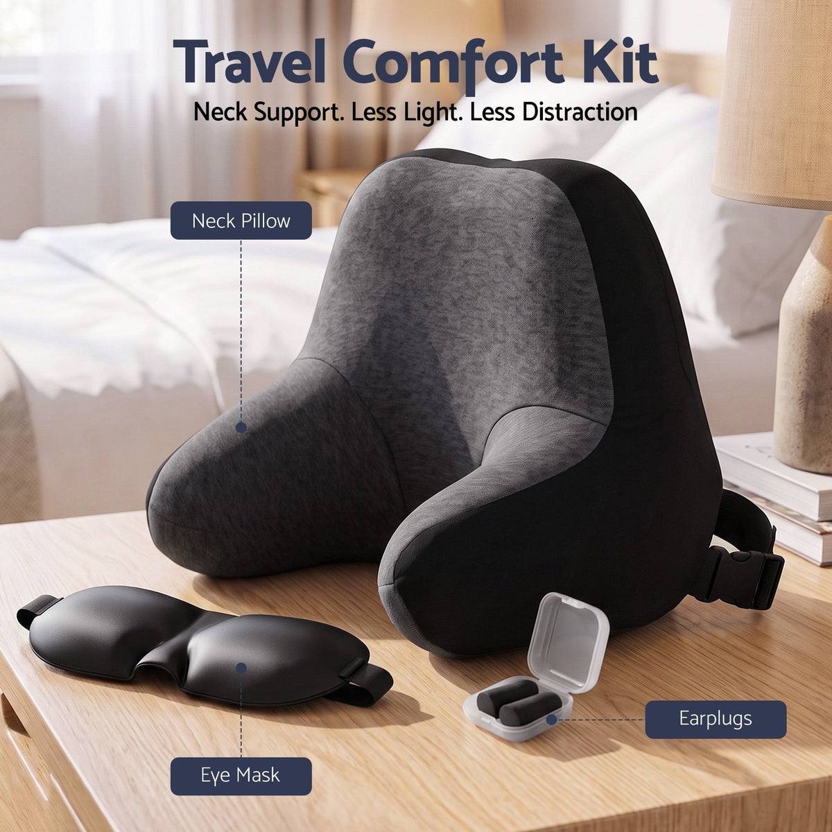 Wanderlite memory foam travel neck pillow with eye mask and earplugs in black
