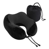 Black memory foam portable pillow, supplied with a storage bag.