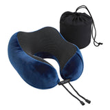 Blue memory foam portable pillow, supplied with a storage bag.