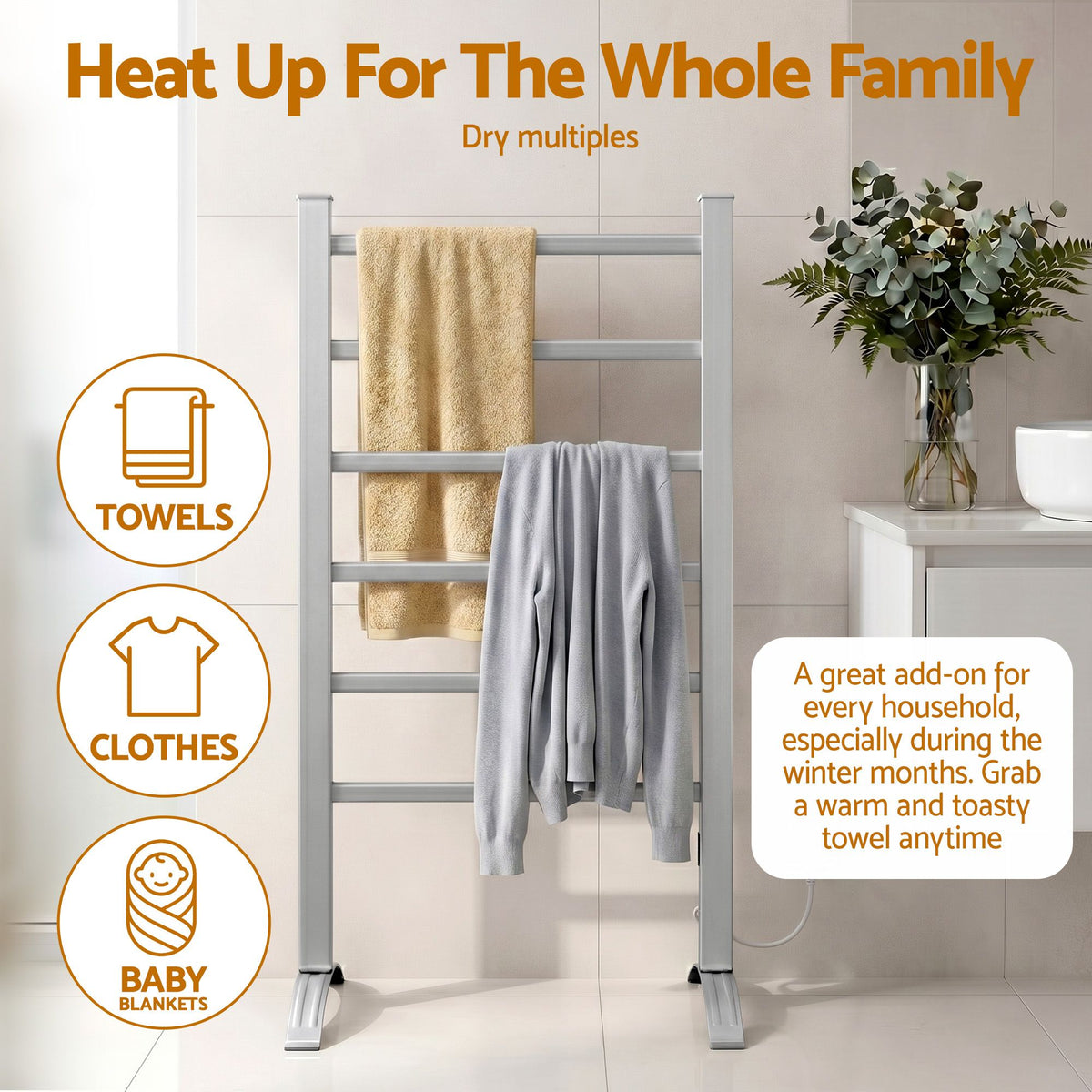 Devanti 6 bar freestanding heated towel rail, aluminium
