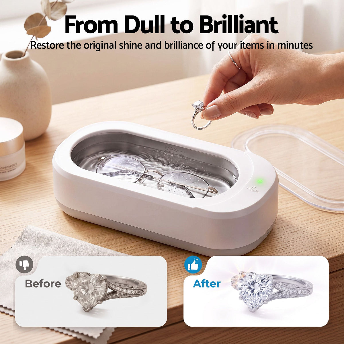 Devanti Ultrasonic Jewellery Cleaner 46kHz 400ml Cleaning Machine with Stainless Steel Tank White.