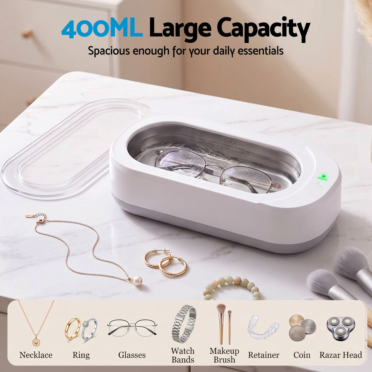 Devanti Ultrasonic Jewellery Cleaner 46kHz 400ml Cleaning Machine with Stainless Steel Tank White.