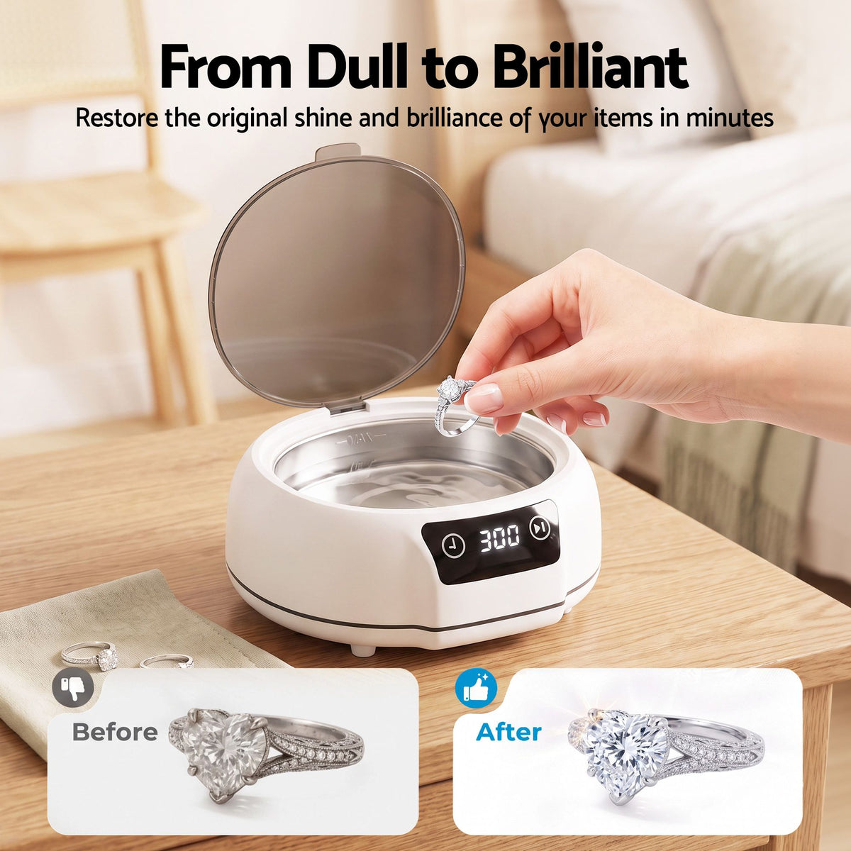 Devanti Ultrasonic Cleaner 700mL 48kHz Jewellery Cleaning Machine with Stainless Steel Tank White.