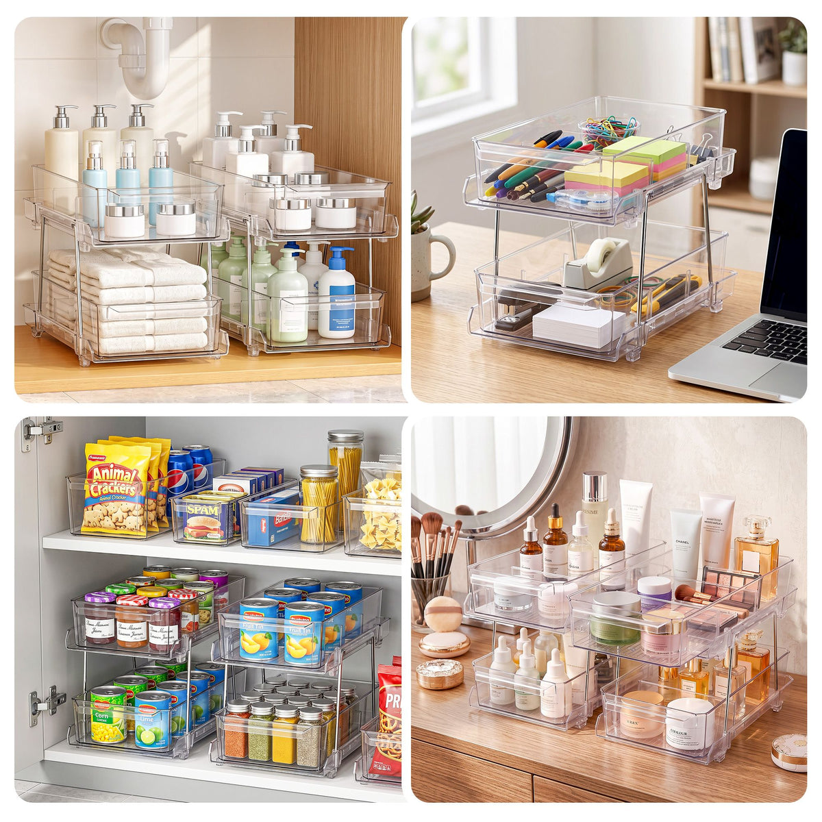 Artiss 2 Pack Clear Pull Out Cabinet Organiser 2 Tier Storage Drawers