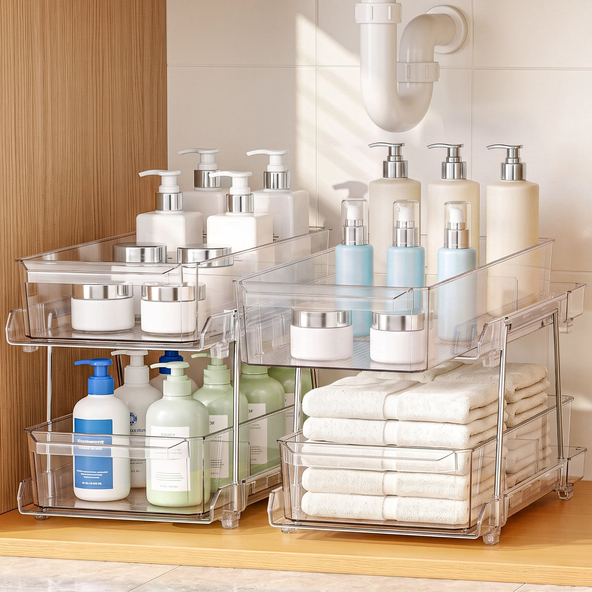 Artiss 2 Pack Clear Pull Out Cabinet Organiser 2 Tier Storage Drawers
