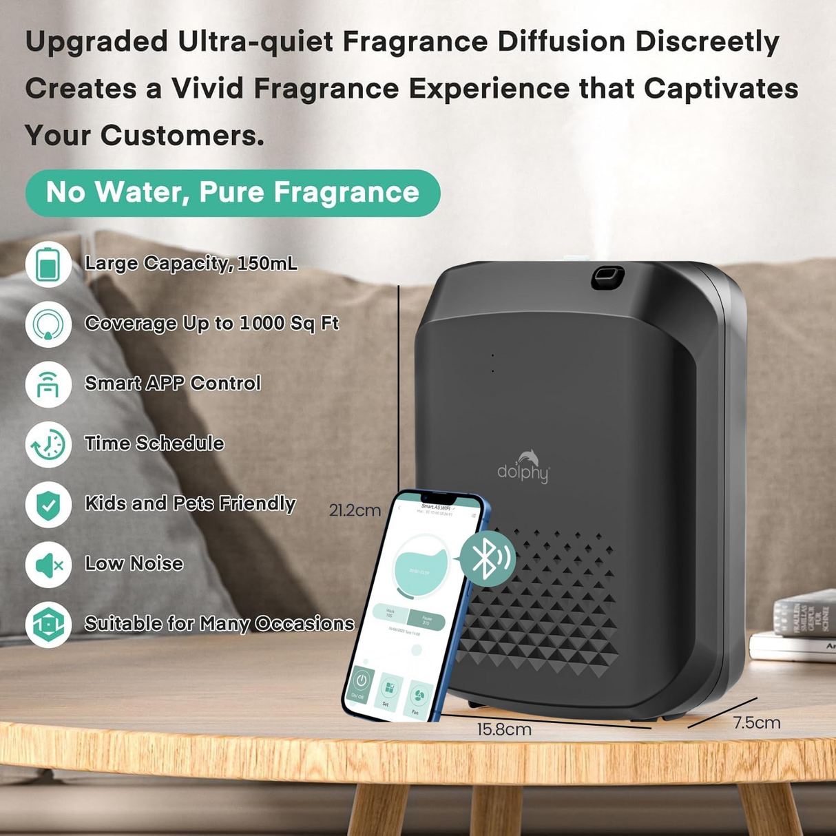 Dolphy Essential Oil Diffuser Dispenser with Bluetooth Control – 400 mL Capacity, Low-Noise Automatic Scent Machine with Light Sensor for Large Commercial Spaces – Black (DAPD0013-B)