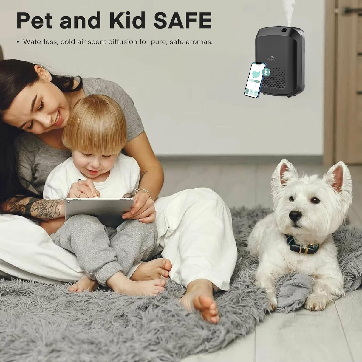 Dolphy Essential Oil Diffuser Dispenser with Bluetooth Control – 400 mL Capacity, Low-Noise Automatic Scent Machine with Light Sensor for Large Commercial Spaces – Black (DAPD0013-B)