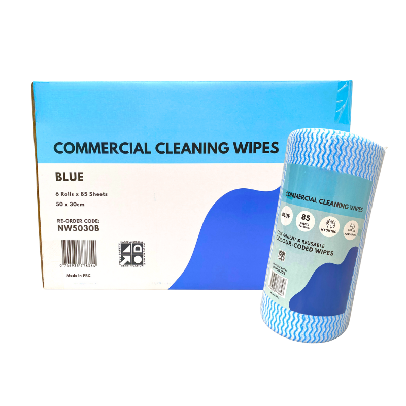 Blue Cleaning Wipes Roll – Heavy Duty Food Safe Surface Wipes (50cm x 30cm, 85 Sheets, Carton of 6)