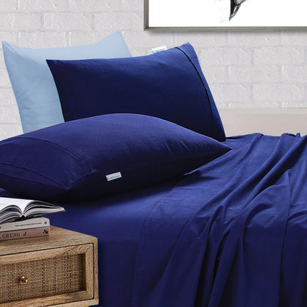 Elan Linen 100% Egyptian Cotton Vintage Washed 500TC Navy Blue Double Bed Sheets Set