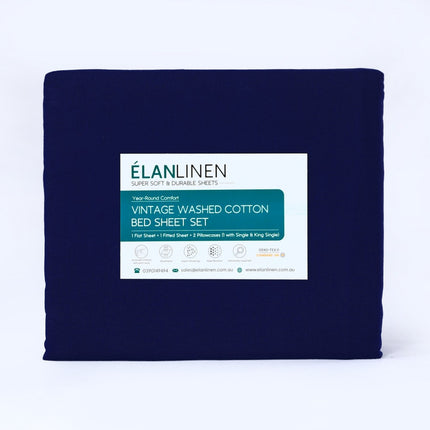 Elan Linen 100% Egyptian Cotton Vintage Washed 500TC Navy Blue Double Bed Sheets Set