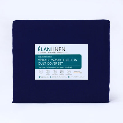 Elan Linen 100% Egyptian Cotton Vintage Washed 500TC Navy Blue Double Bed Sheets Set