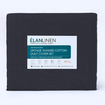 Elan Linen 100% Egyptian Cotton Vintage Washed 500TC Charcoal King Single Bed Sheets Set