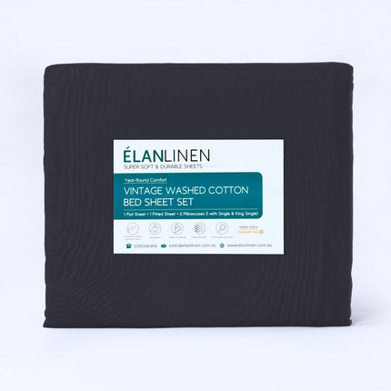 Elan Linen 100% Egyptian Cotton Vintage Washed 500TC Charcoal King Single Bed Sheets Set