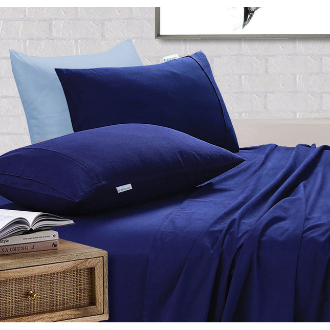 Elan Linen 100% Egyptian Cotton Vintage Washed 500TC Navy Blue 50 cm Deep Mega Queen Bed Sheets Set