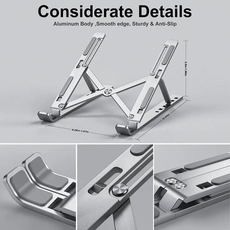 Portable laptop stand, foldable, lightweight.