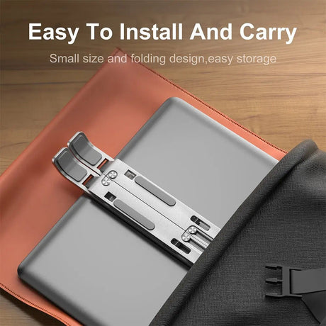 Portable laptop stand, foldable, lightweight.