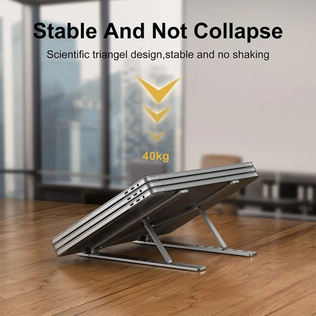 Portable laptop stand, foldable, lightweight.