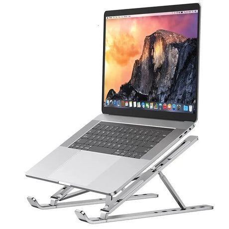 Portable laptop stand, foldable, lightweight.