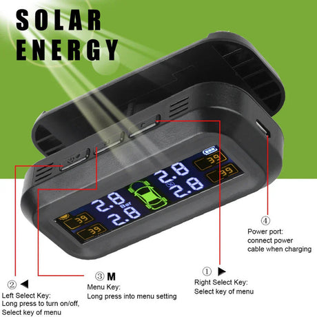 Wireless Tire Pressure Monitoring Solar And USB Charging.