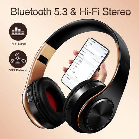 Gold over ear headphones, foldable, lightweight.