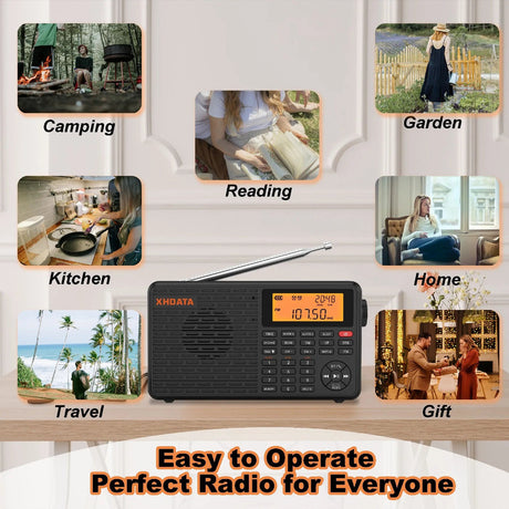 Black portable radio, rechargeable.